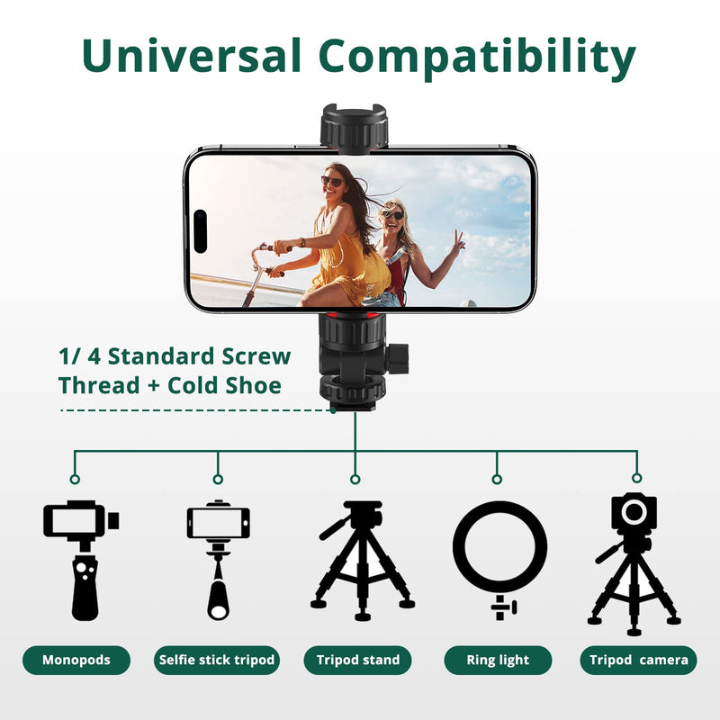 [Australia - AusPower] - ATUMTEK Phone Tripod Mount, Universal Smartphone Mount Adapter with 2 Cold Shoe and 1/4" Standard Screw, 360° Rotates and 180° Tilts Adjustable Cell Phone Clamp Holder for Perfect Mobile Photography Black 