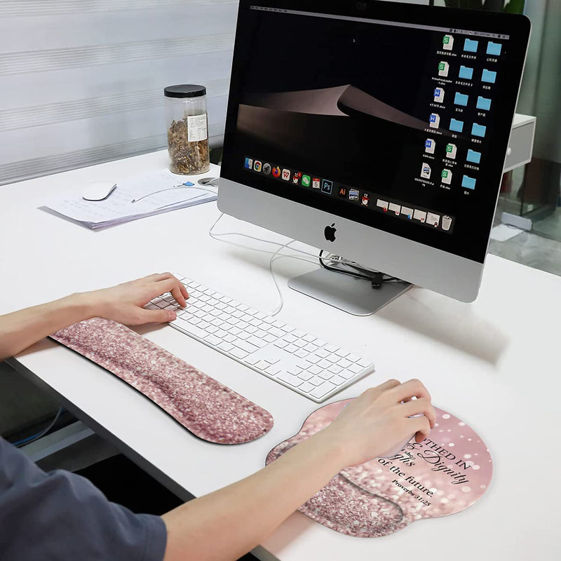 [Australia - AusPower] - Ergonomic Mouse Pad Wrist Support Gel and Keyboard Wrist Rest Set for Laptop, Mac, Gaming and Office, Durable, Comfortable and Pain Relief + Coaster, Proverbs 31:25,Bible Verse Pink Glitter 