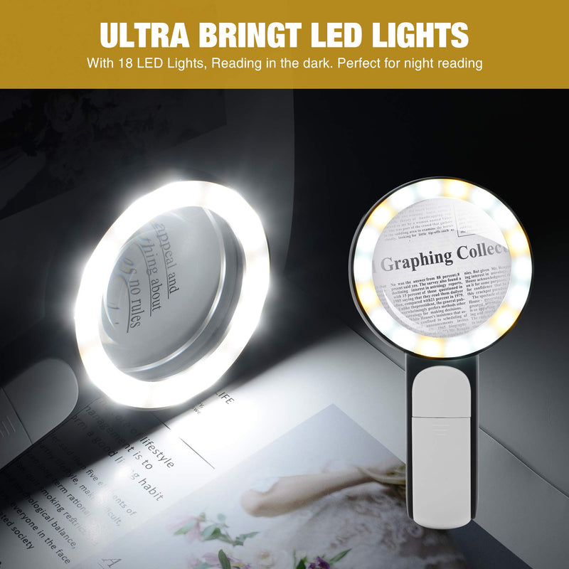 [Australia - AusPower] - JMH Magnifying Glass with Light, 30X Handheld Large Magnifying Glass 18LED Cold and Warm Light with 3 Modes, Illuminated Lighted Magnifier for Seniors Reading, Inspection, Coins, Jewelry, Exploring Black 