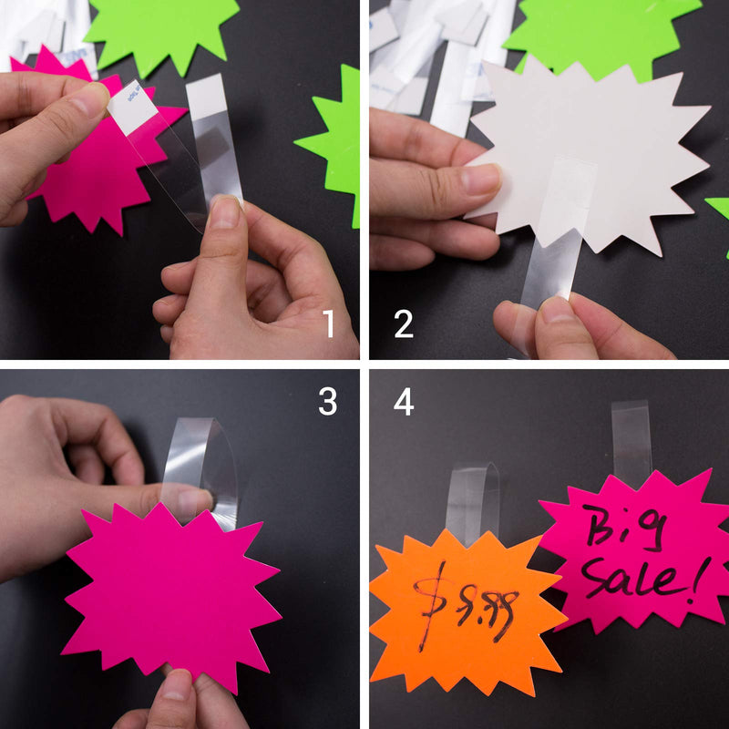 [Australia - AusPower] - Daily Treasures 200Pcs Starburst Signs, with 100Pcs PVC Self-Adhesive Strips-4 Colors Fluorescent Burst Paper Signs Blank Sales Burst Signs for Retail Store, Garage Sale Sign to Boost Sales 