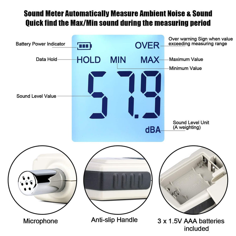 [Australia - AusPower] - Digital Sound Level Meter, Decibel Meter with Backlight Portable Sound Pressure Level Meter (SPL)30~130 dBA, Sound Noise Meter Audio Volume Monitoring Instrument Meter for Home Office (Beige-White) 