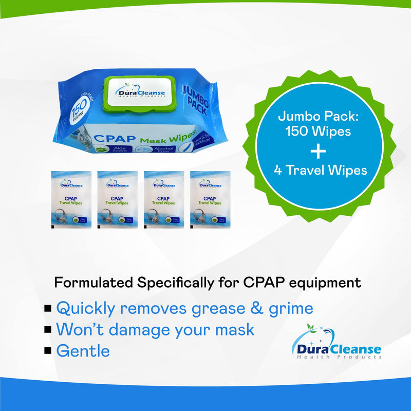 [Australia - AusPower] - DuraCleanse CPAP Mask Cleaning Wipes - 150 Count plus 4 Travel Wipes - Lint & Alcohol Free Wipes for CPAP, BiPAP & other PAP Masks - Skin Safe with Aloe Vera 154 Count (Pack of 1) 