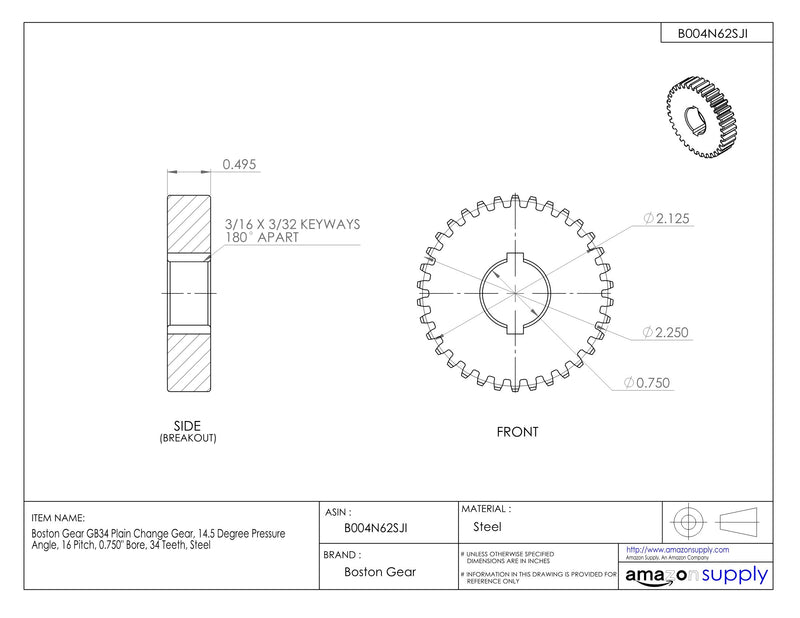 [Australia - AusPower] - Boston Gear GB34 Plain Change Gear, 14.5 Degree Pressure Angle, 16 Pitch, 0.750" Bore, 34 Teeth, Steel 