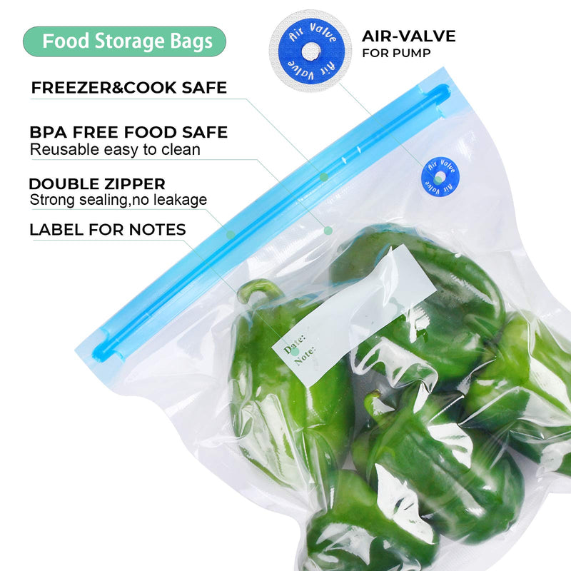 [Australia - AusPower] - vacuum sealer bags for food，20 Vacuum Sealer Reusable BPA Free Food Bags (13.5x10 in) Vacuum Zipper Bags 2 Seal Clips 5 Replaceable Air Valves Anova Food Storage Food Vacuum Bags for Joule Cookers 