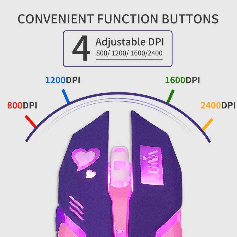 [Australia - AusPower] - Gaming Mouse,Pink Backlit Optical Game Mice Ergonomic USB Wired with 2400 DPI and 6 Buttons 4 Shooting for Computer/Win/Mac/Linux/Andriod/iOS. (Purple) purple 