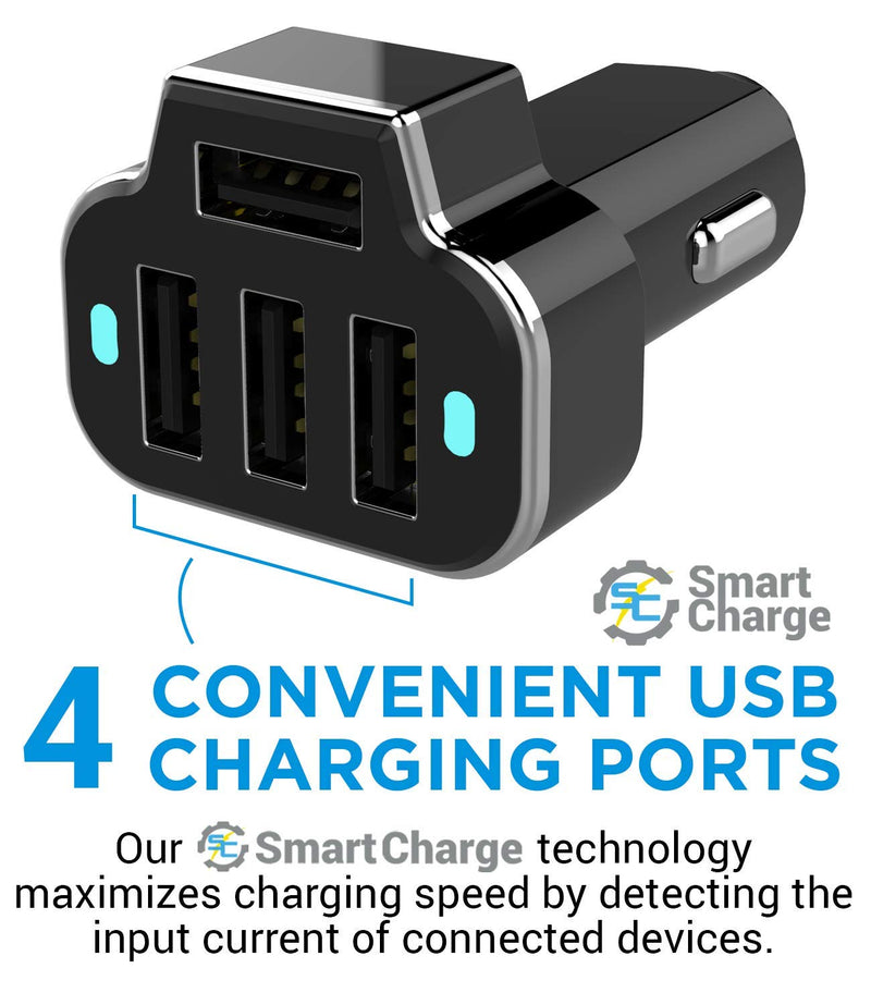 [Australia - AusPower] - Aduro 4 Port Car Charger USB Adapter, 12V Fast Car Charger USB Adapter Power Station 5.2A/26W Output (Black) Black 