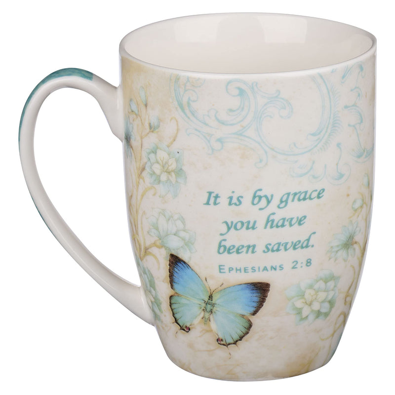 [Australia - AusPower] - Amazing Grace Butterfly Mug – Botanic Teal and Blue Butterfly Coffee Mug w/ Ephesians 2:8, Bible Verse Mug for Women and Men – Inspirational Coffee Cup and Christian Gifts (12-ounce Ceramic Cup) 