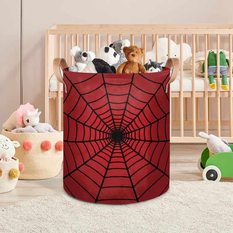[Australia - AusPower] - Large Laundry Hamper Basket Red Spider Web Round Freestanding Clothes Basket, Collapsible Storage Organizer Bin with Leather Handles for Dirty Clothes Toys, Nursery Home Storage 16"W x 20"H 