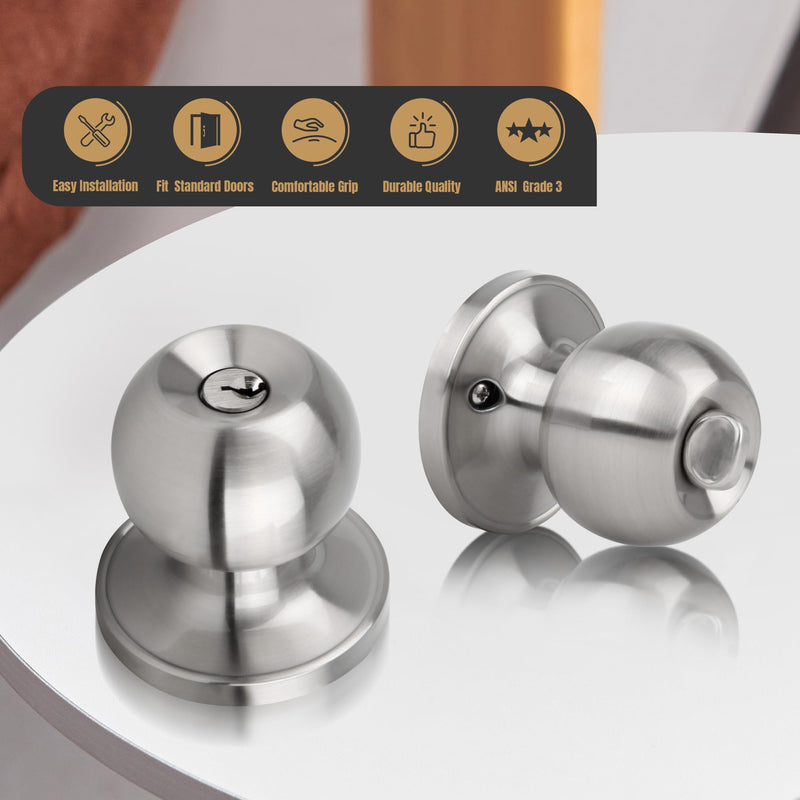 [Australia - AusPower] - Gaurqiah Keyed Entry Door Knob, Ball Design Doorknob for Interior Exterior, Reversible Round Door Lock for Front Entrance Doors, Stain Nickel Keyed Entry {Stain Nickel} 