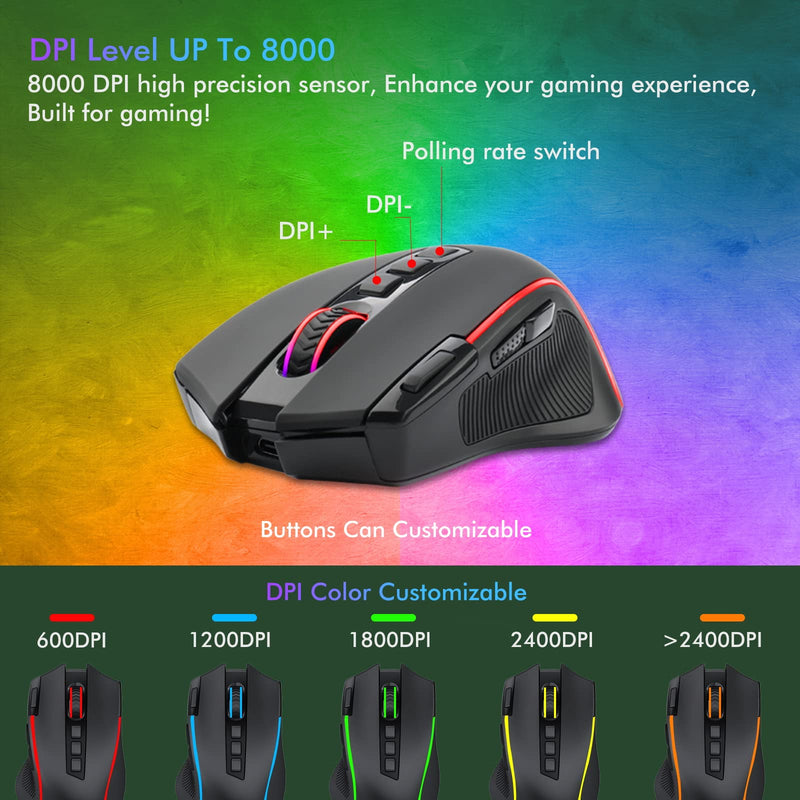 [Australia - AusPower] - E-YOOSO X-11 Wireless RGB Gaming Mouse Rechargeable, 8000 DPI Wired Gaming Mouse, Type C Wired Customize RGB Backlit Mouse with Rapid Fire Key 9 Programmable Buttons Mouse with Macro Programming 