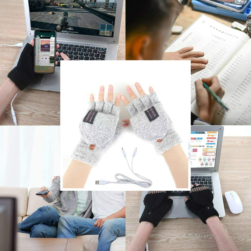 [Australia - AusPower] - Women's & Men's USB Heated Gloves Knitting Hands Full & Half Heated Fingerless Heating Warmer with Button Washable Design, Mitten Winter Hands Warm Laptop Gloves Gray 