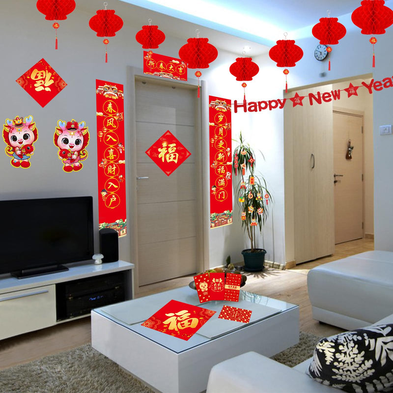 [Australia - AusPower] - Openfly 88Pcs Chinese New Year Decoration 2024 Chinese Couplets Set Include Chunlian Red Envelopes Red Lantern Fu Character Window Sticker Chinese Lucky Hanging Ornaments Banner for Spring Festival 