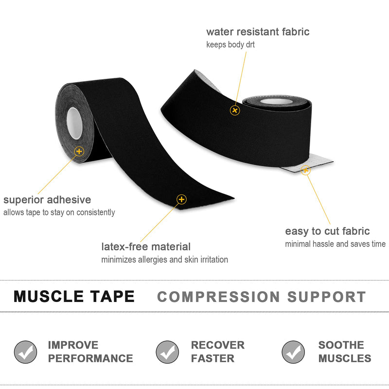 [Australia - AusPower] - 4 Pack Kinesiology Tape for Sports Athletes - 16 FT Waterproof Athletic Tape for The Knee, Elbow and Shoulder Muscles, etc.(5m X 5cm) (Black) Black 