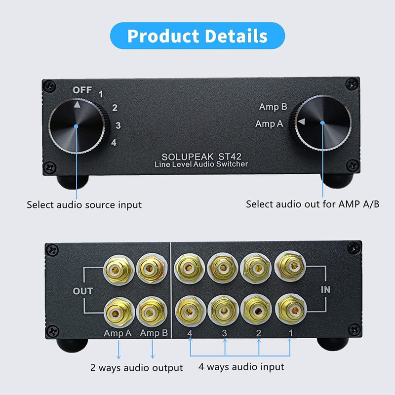 [Australia - AusPower] - SOLUPEAK ST42 4-Way RCA Audio Switch Source Signal Input switcher selector Splitter Box (4 in 2 Out) 4-WAY RCA Switch(4 IN 2 OUT)-Standard version 