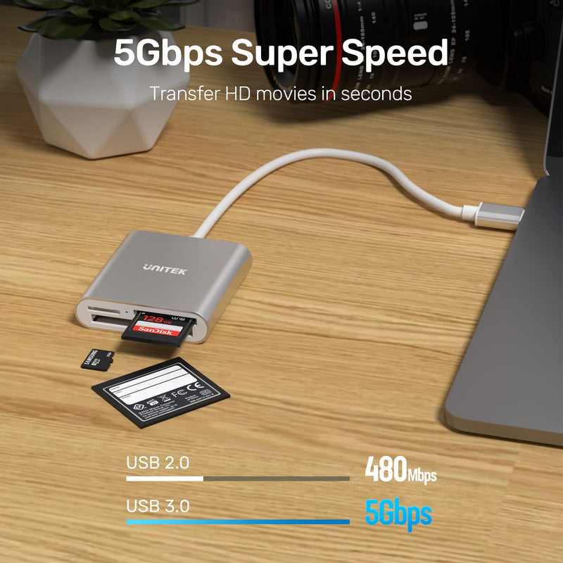 [Australia - AusPower] - USB SD Card Reader, Unitek USB 3.0 Memory Card Reader Writer Compact Flash Card Adapter for CF/SD/TF Micro SD/ Micro SDHC/MD/MMC/SDHC/SDXC UHS-I Card for Windows, Mac – Aluminum [Upgrade Version] Sliver 