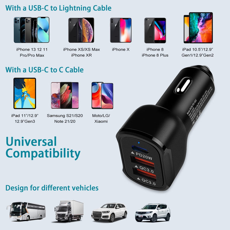 [Australia - AusPower] - Fast Car Charger 3 Multi Ports USB C Car Charging Adapter 56W PD3.0 20W+Dual QC3.0 18W Cigarette Lighter Splitter for iPhone 13/13 Mini/13 Pro Max/ 12 11/XS Max/XR/X/8/SE,AirPods,Samsung S21,Pixel 6 5 