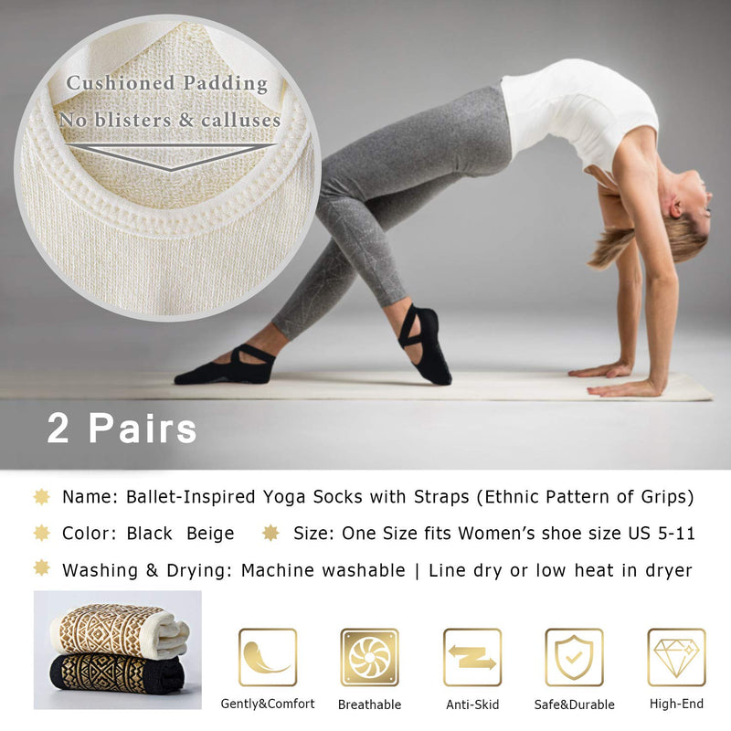 [Australia - AusPower] - Ozaiic Yoga Socks for Women Non-Slip Grips & Straps, Ideal for Pilates, Pure Barre, Ballet, Dance, Barefoot Workout 2 Pairs- Black/ Beige（1st Anniversary Edition） 