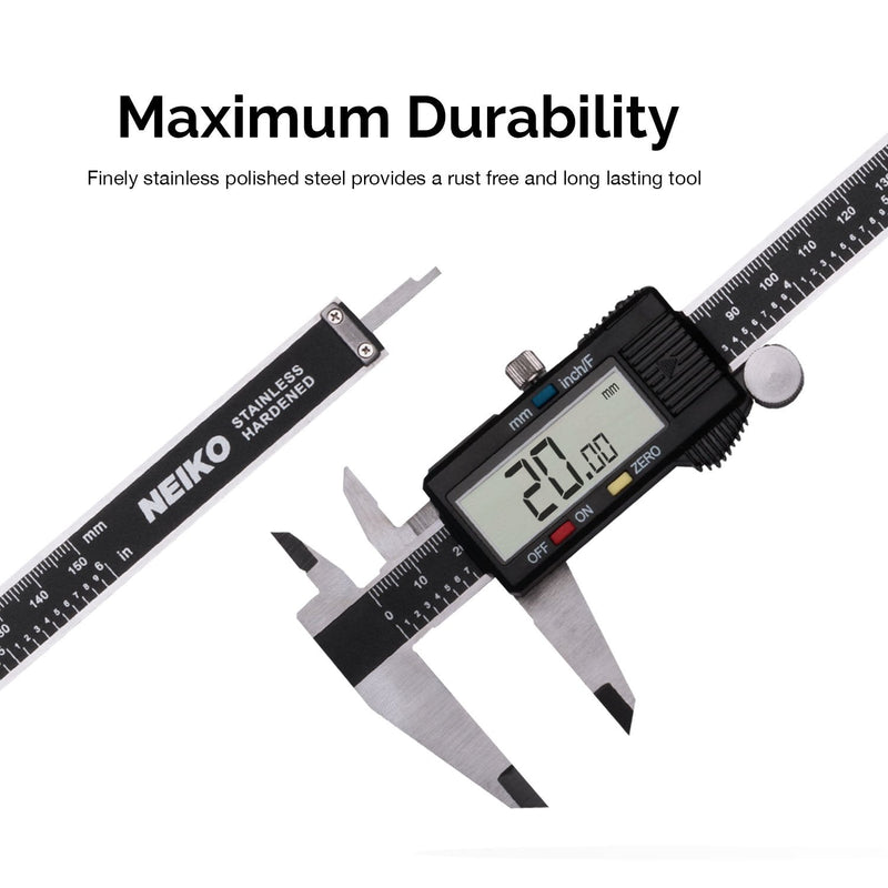 [Australia - AusPower] - NEIKO 01407A Electronic Digital Caliper | 0-6 Inches | Stainless Steel Construction with Large LCD Screen | Quick Change Button for Inch/Fraction/Millimeter Conversions 6 inch 6" BLACK 