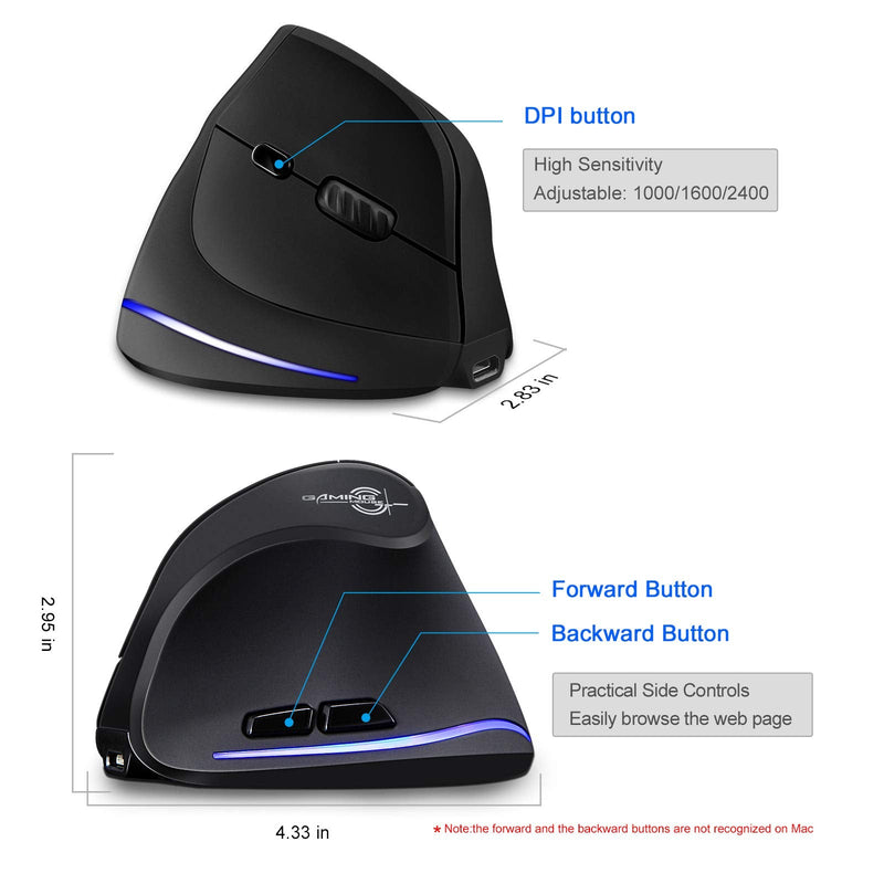 [Australia - AusPower] - TRELC Ergonomic Mouse, 2.4G Wireless Vertical Optical Mouse with Adjustable Sensitivity (1000/1600/2400 DPI), 6 Buttons for PC, Desktop, Laptop, Notebook (Black) 2.4GHz 