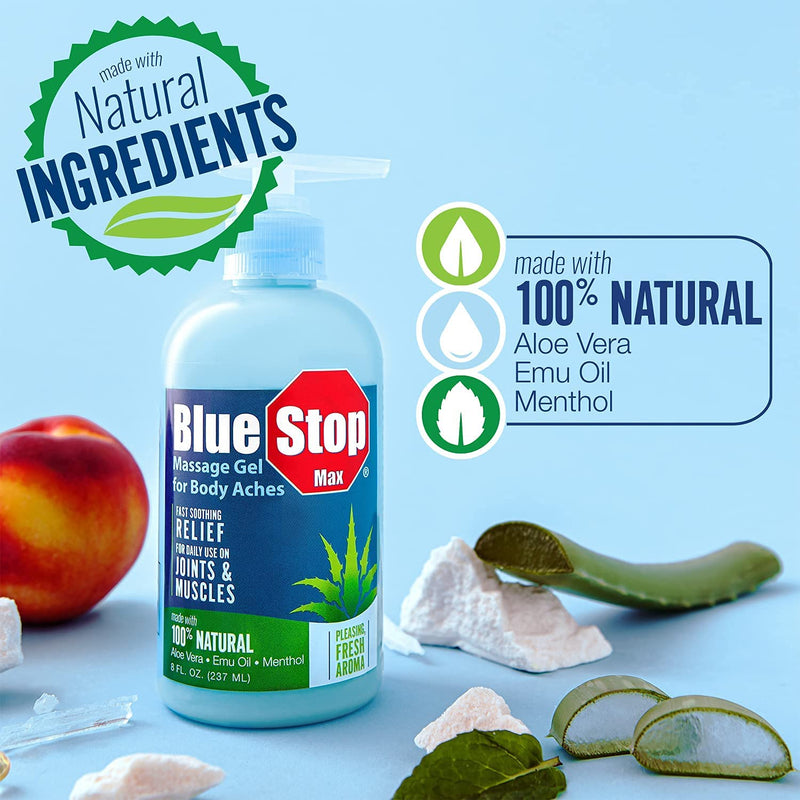 [Australia - AusPower] - Blue Stop Max Massage Gel and Muscle Rub Made with Aloe Vera, Emu Oil, and Menthol - Provides Muscle, Joint, and Body Ache Relief - Non-Greasy for Everyday Relief - 8 Oz Pump Bottle 8 Fl Oz (Pack of 1) 