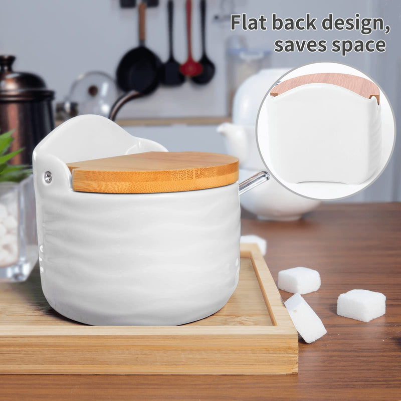 [Australia - AusPower] - Sugar Bowl, 77L Ceramic Sugar Bowl with Sugar Spoon and Bamboo Lid for Home and Kitchen - Modern Design, White, 8.58 FL OZ (254 ML) 