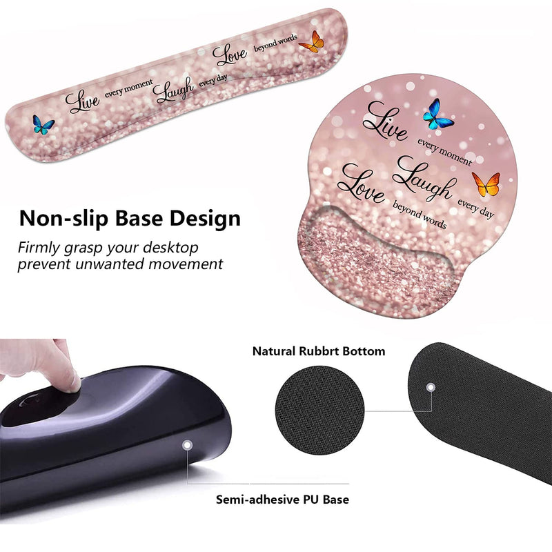 [Australia - AusPower] - Keyboard Wrist Rest and Mouse Pad Wrist Support Set with Coasters, Non-Slip PU Base Ergonomic Gaming Mousepad for Home Office Working Studying Easy Typing & Pain Relief, Glitter Quote Live Laugh Love 