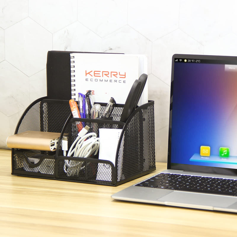 [Australia - AusPower] - BOBSYHX Mesh Office Desk Organizer 7 Compartments, Desktop Organizers and Accessories with Drawer, Office School Multifunctional Desktop Storage Box Black Desk Caddy 