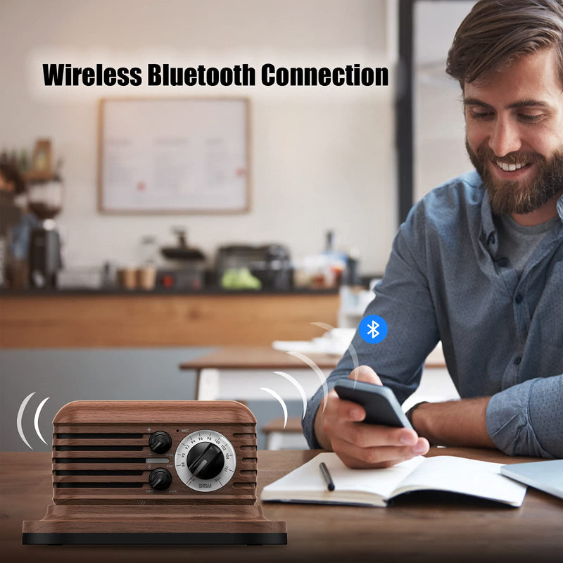 [Australia - AusPower] - KKACHI Retro Bluetooth5.1 Speaker Wireless Charging Cradle Portable FM Radio 24H Playtime Vintage Style Dual Pairing with Built-in Mic Handfree Call AUX-in Strong Bass for iPhone, Samsung and More Dark-Brown 
