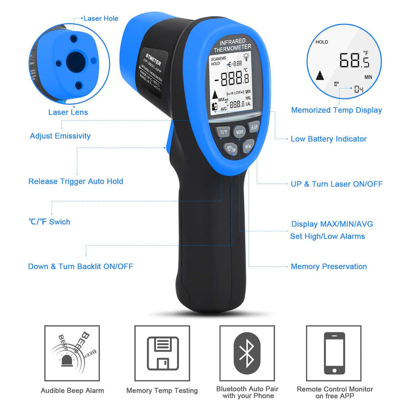 [Australia - AusPower] - BTMETER BT-985CAPP Non Contact Infrared Thermometer 12:1 Laser Temperature Measure Gun -58℉~1472℉(-50℃～800℃) with Bluetooth APP(NOT for Human Temp Test) BT-985CAPP Blue (-58℉ to 1472℉) 