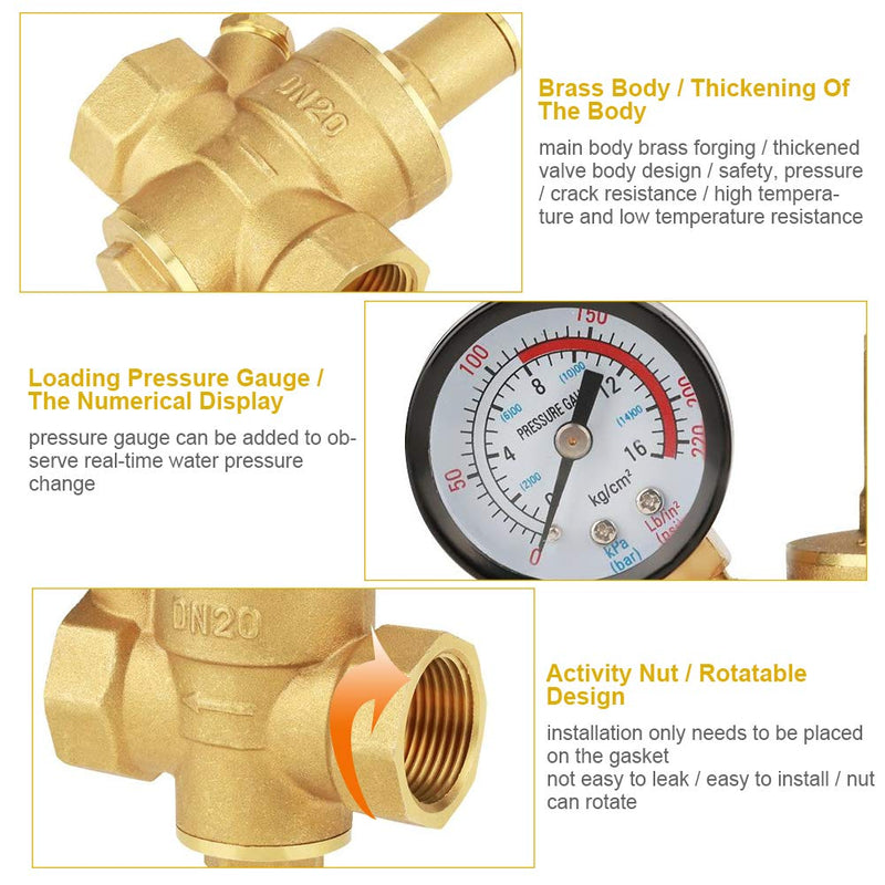 [Australia - AusPower] - Water Pressure Regulating Valve, DN20 G3/4inch Brass Water Pressure Reducing Valve 3/4 Adjustable Pressure Reducing Valve 1/2 Inch Thread Water Pressure Regulator with Gauge Meter 1.6MPa 