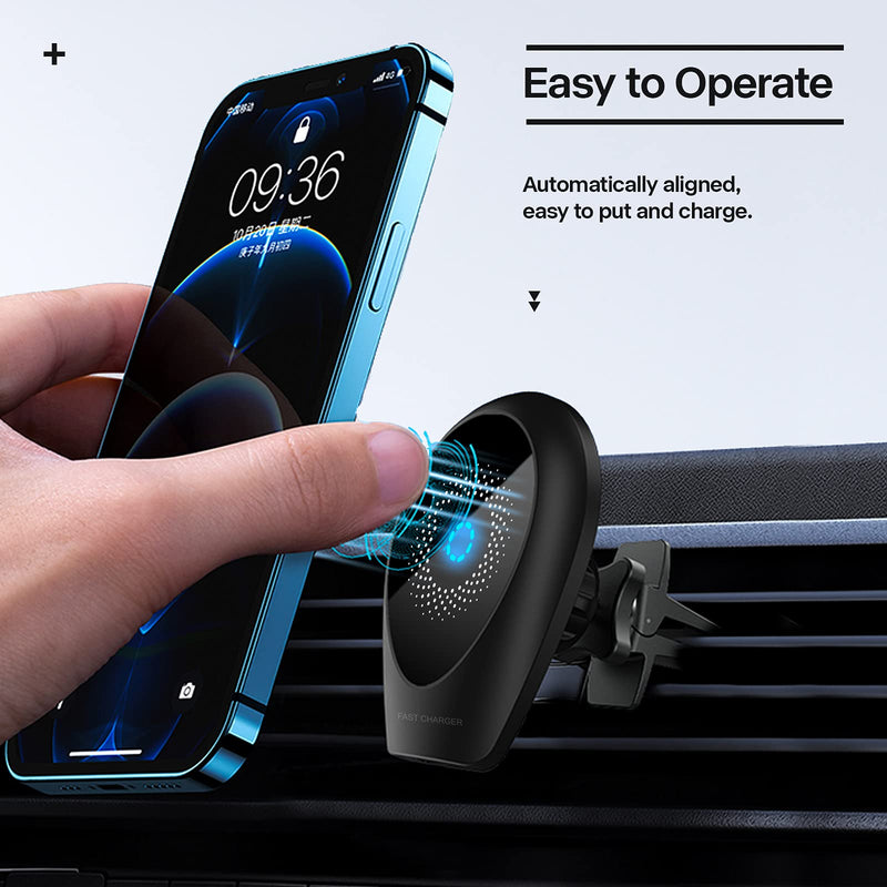 [Australia - AusPower] - MOING Magnetic Wireless Car Charger, Fast Charging Car Phone Holder Mount for Apple iPhone 13/12/Pro Max/Mini Series Phone Magnet for Car [Strong Power] with Secure Air Vent Clip, Black 