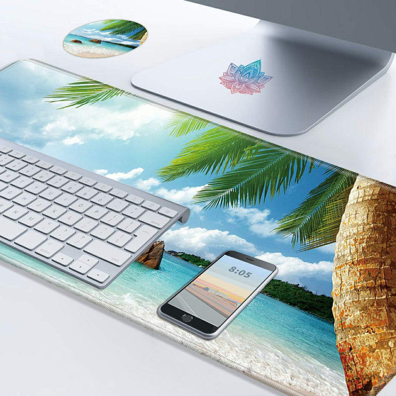 [Australia - AusPower] - Desk Mat, Multifunctional Desk Pad for Keyboard and Mouse, with Cute Coasters and Mandala Stickers with Stitched Edges Non Slip Base Laptop Mouse pad for Office and Home, Seaside Tropical Palm Tree 