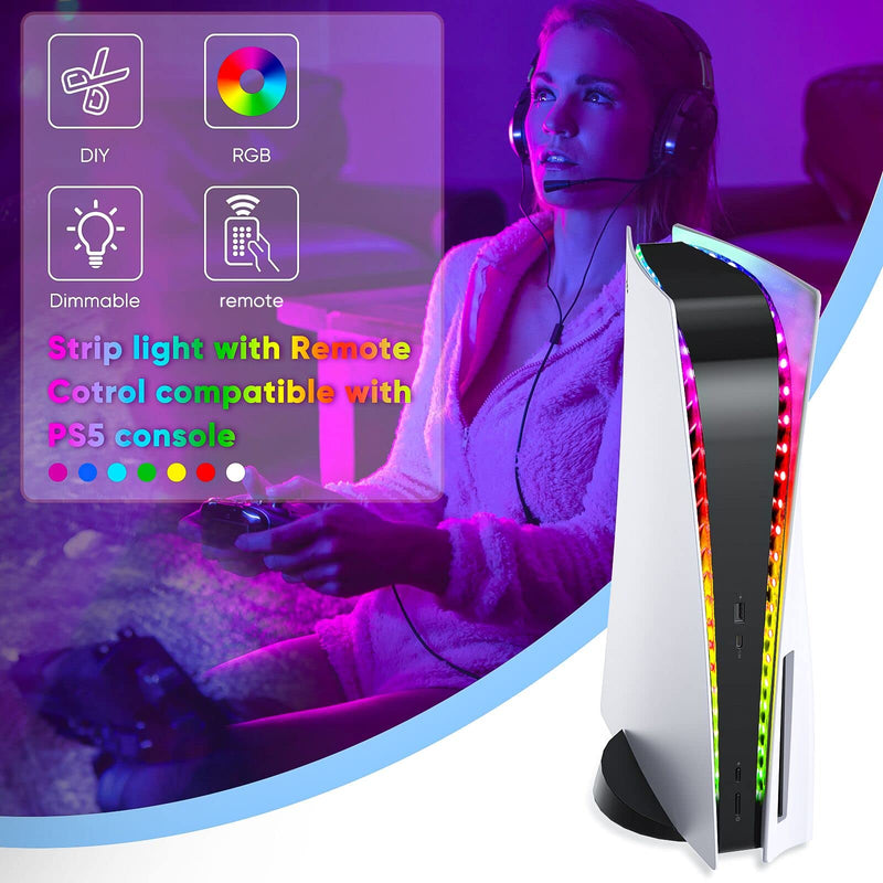 [Australia - AusPower] - LED Light Strip for PS5, 5050 RGB LED Light Strips 7 Colors DIY Modes, Color Changing & Dimmable, with IR Remote and USB Powered, Decor Flexible Lights Strip for Playstation 5 Disc/Digital Edition 