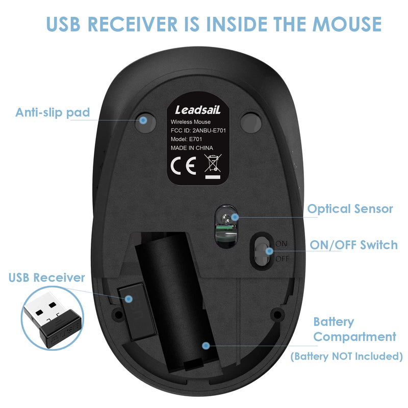 [Australia - AusPower] - LeadsaiL Wireless Mouse for Laptop 2.4G Silent Cordless USB Mouse Slim Wireless Optical Computer Mouse, 3 Buttons, AA Battery Used,1600 DPI for Windows 10/8/7/Mac/Macbook Pro/Air/HP/Dell/Lenovo/Acer Black&Red 