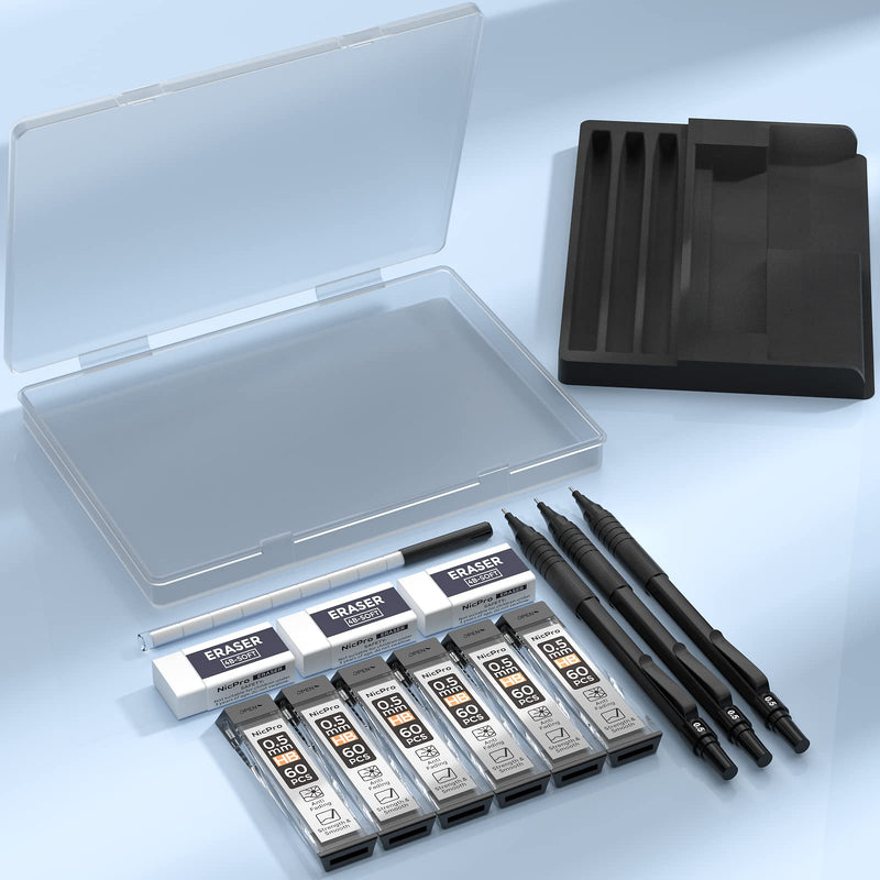 [Australia - AusPower] - Nicpro 0.5 mm Mechanical Pencils Set with Case, 3 Metal Artist Pencil With 6 Tubes HB Lead Refills, 3 Erasers, Eraser Refills For Architect Art Writing Drafting, Drawing, Engineering, Sketching, Black 