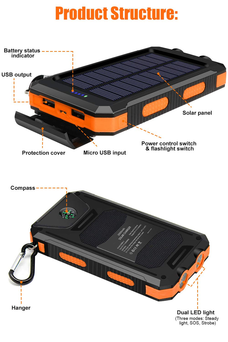 [Australia - AusPower] - Solar Charger 20000mAh Solar Power Bank Waterproof Portable Charger with Dual 5V USB Port/LED Flashlight Compatible with All Smartphone External Battery Pack Perfect for Outdoor/Camping/Trip 