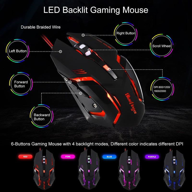 [Australia - AusPower] - Bluefinger 60% Gaming Keyboard and Mouse Combo, Compact 61 Keys RGB Rainbow Backlit USB Wired Gaming Keyboard with Illuminated Gaming Mouse for PC Laptop Computer Gamer Office Work 