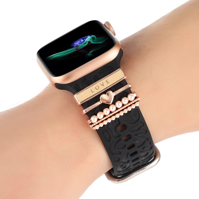 [Australia - AusPower] - Fancy Leopard Engraved Silicone Band with Decorative Rings Loops Charms Compatible with Apple Watch Bands 38mm 40mm 41mm Sport Wristbands Accessories for iWatch Series 7 6 5 4 3 2 1 SE 38/40/41mm Black/Love Rose Gold 