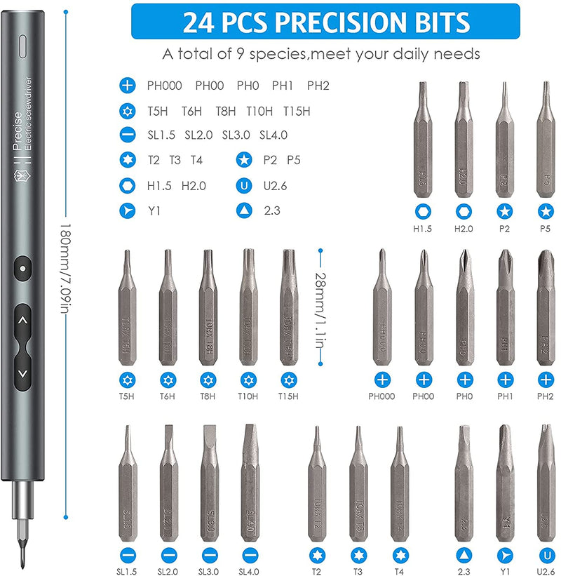 [Australia - AusPower] - AMIR Electric Screwdriver (Newest) 28 IN 1 Cordless Mini Power Precision Screwdriver Set with 24 Bits, Rechargeable Portable Magnetic Repair Tool Kit with LED Lights for Phones Watch Jewelers Laptops Silver 