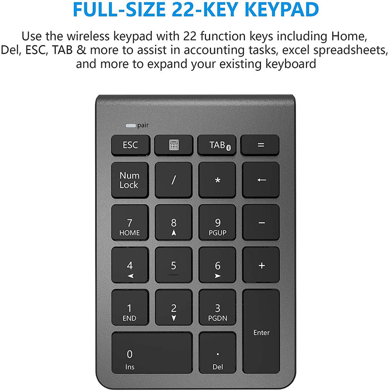 [Australia - AusPower] - 【Upgraded Version】 Bluetooth Numeric Keypad, Arkidyn Portable Wireless 22 Keys External Number Pad for Laptop, Tablet, Notebook, PC, Desktop and More 
