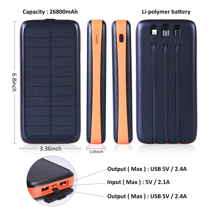 [Australia - AusPower] - FODITGLO Solar Phone Charger – Solar Power Bank - 26800mAh Solar Charger with Li-Polymer Battery – 1.9W/2.4A Solar Chargers for Electronic Devices - 1.05 x 3.36 x 6.8 inches (Orange) Orange 