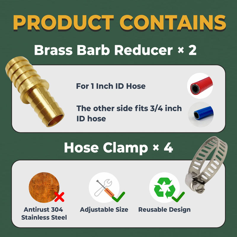 [Australia - AusPower] - Brass Barb Reducer Fittings, LIONMAX 1'' to 3/4'' Barb Hose ID, Hose Barb Splicer Mender, with 4 Hose Clamps, for Air/Water/Fuel, (2 PCS) 