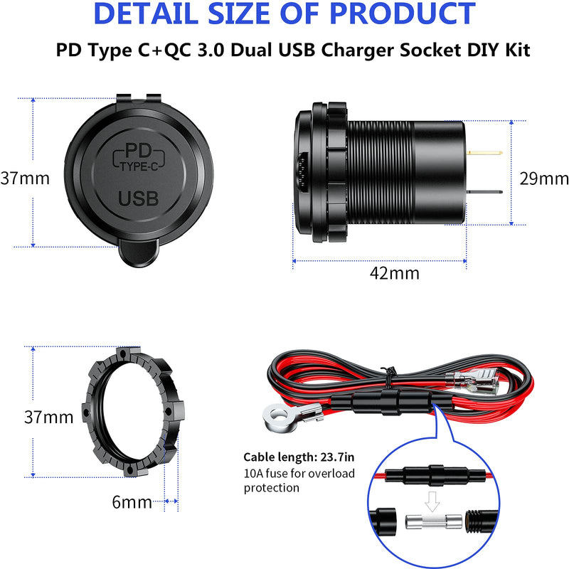 [Australia - AusPower] - KEWIG PD Type C & Quick Charge 3.0 Dual USB Charger Socket Waterproof 30W 12V 24V USB Outlet Dual Charger Fast Charge with ON/Off Switch and Blue LED DIY Kit for Car Boat Marine RV ATV, 2 Pack 