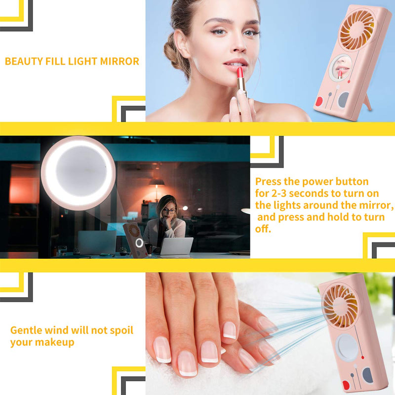 [Australia - AusPower] - Handheld Fan Rechargeable with Fragrance Dish, Mini Fan Portable 3 Speeds with Make-up Mirror Fill-in Light, USB Fan for Women Outdoor,Traveling - Pink 