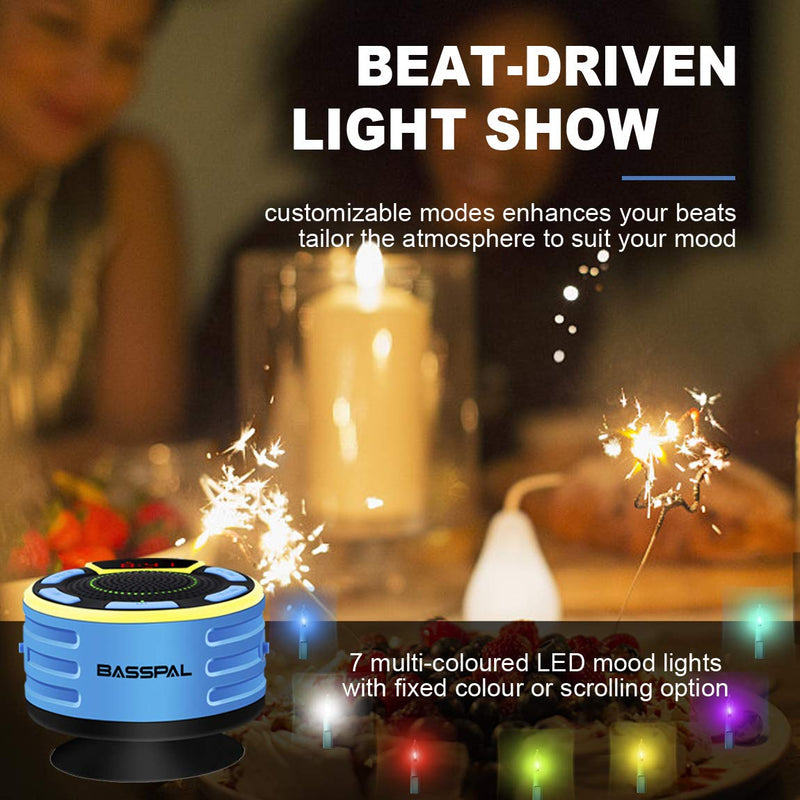 [Australia - AusPower] - IPX7 Waterproof Speaker, BassPal Bluetooth Portable Wireless Shower Speakers with LED Display, FM Radio, Suction Cup, Light Show, TWS, Loud Stereo Sound for Pool Beach Home Party Travel Outdoors 