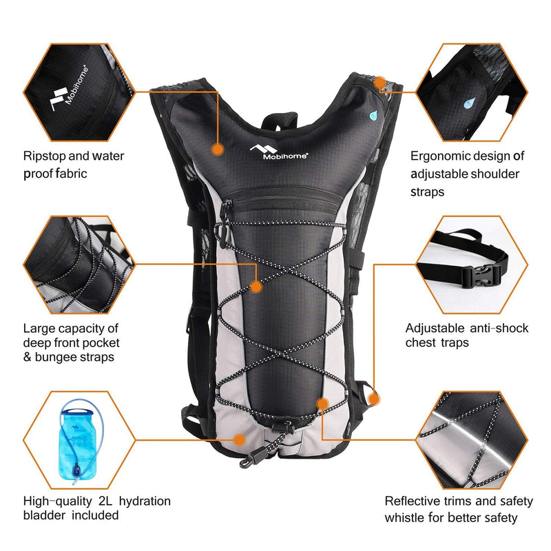[Australia - AusPower] - Mobihome Hydration Backpack Lightweight Sport Daypack & Bike Backpacks with 2L Leak Proof Water Bladder, Adjustable Padded Shoulder, Chest & Waist Straps for Running, Hiking, Cycling, Climbing Black 