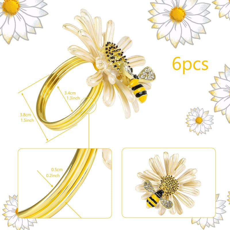 [Australia - AusPower] - Kesote Daisy Sunflower Napkin Rings Set of 6, Gold Bee Napkin Ring Holders for Formal or Casual Dinning Table Decor Cream 