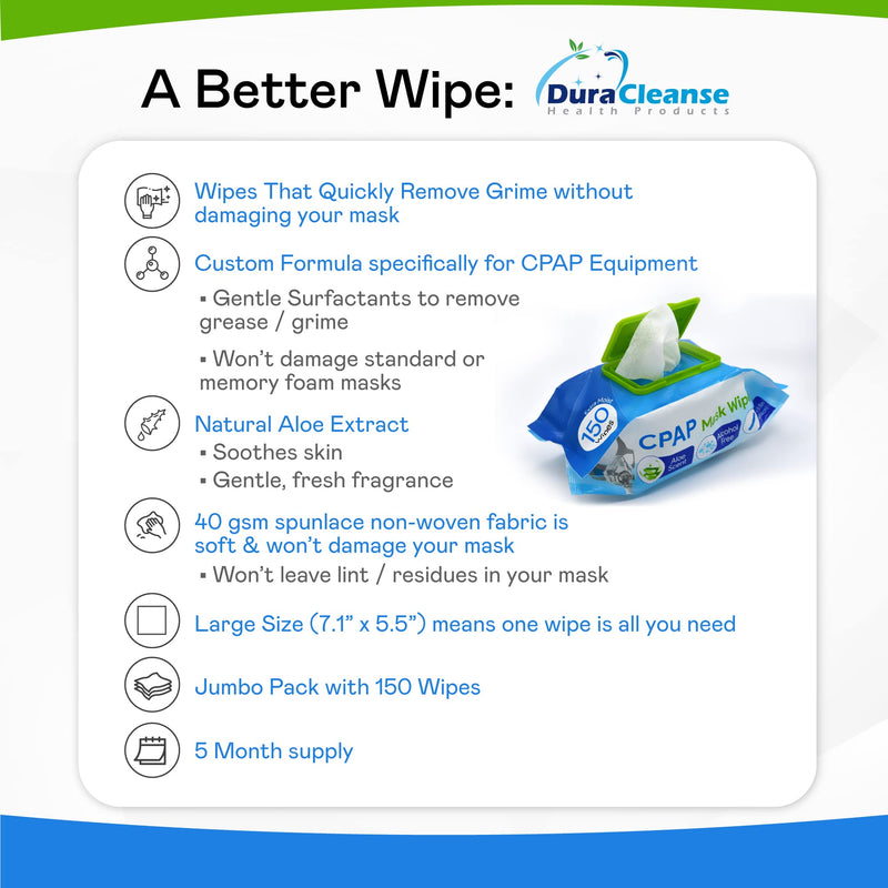 [Australia - AusPower] - DuraCleanse CPAP Mask Cleaning Wipes - 150 Count plus 4 Travel Wipes - Lint & Alcohol Free Wipes for CPAP, BiPAP & other PAP Masks - Skin Safe with Aloe Vera 154 Count (Pack of 1) 