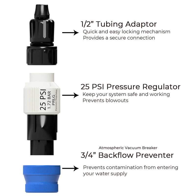 [Australia - AusPower] - Drip Irrigation Parts Kit - 25 PSI Water Pressure Regulator, Backflow Preventer and 1/2 inch Drip Irrigation Tubing Adapter. Complete Drip Irrigation System. Connects to Hose or Faucet. 