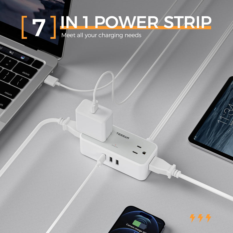 [Australia - AusPower] - Ultra Thin Flat Plug Extension Cord 25 FT, TESSAN Surge Protector Power Strip with 4 AC Outlets 3 USB Ports, 900 Joules Protection, Multi Plug Charging Station for Home Office Dorm Room Essentials USB A with Surge Protection 